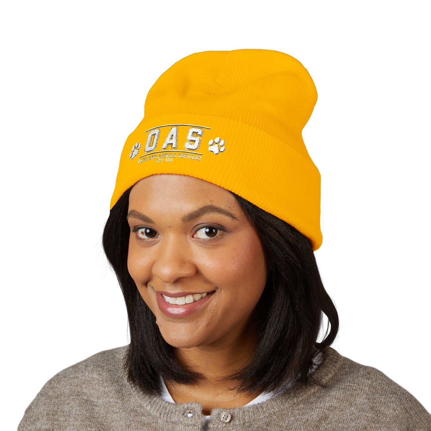 OAS Custom Embroidered Classic Cuffed Beanie - Bright Yellow Paw Print Design