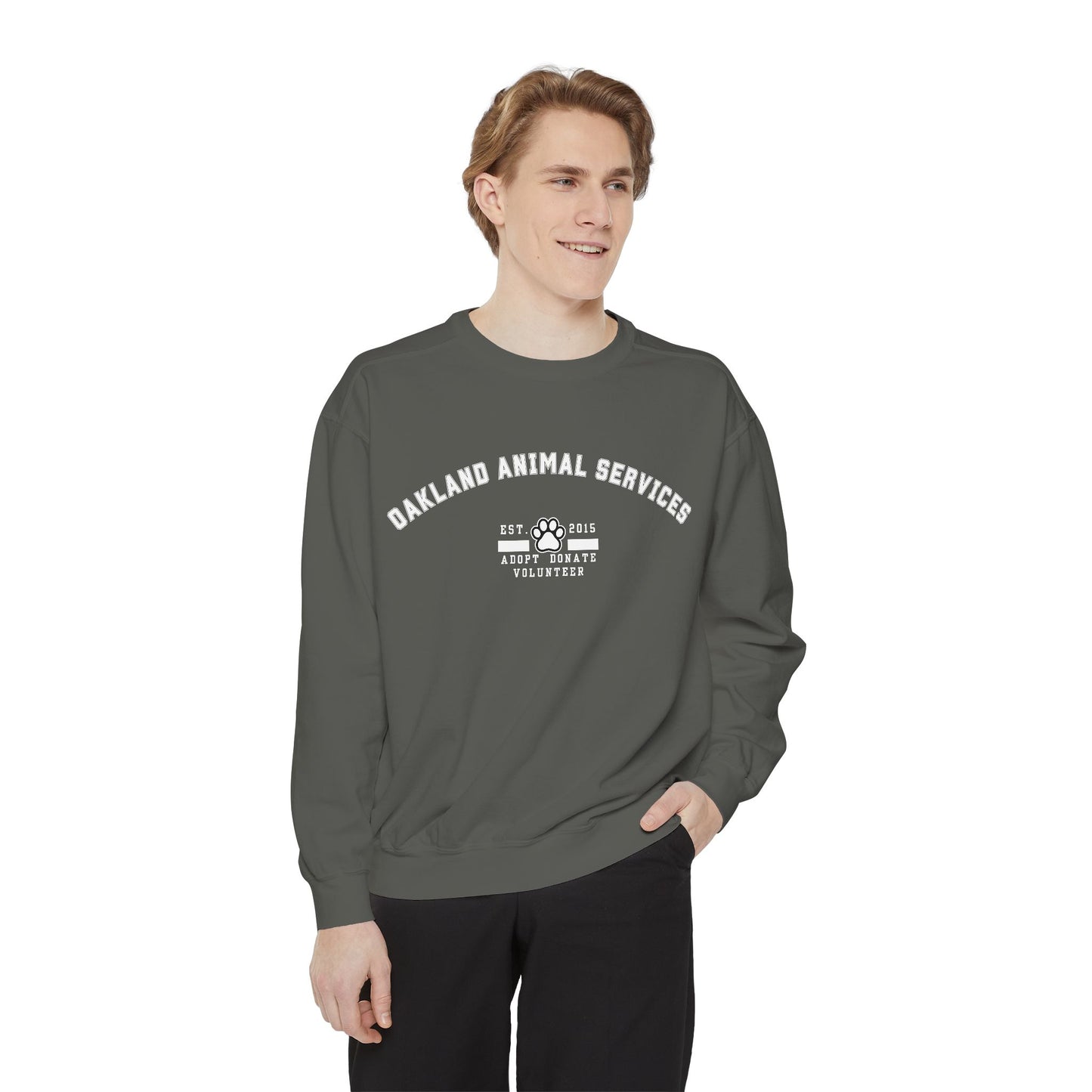OAS Varsity Unisex Garment-Dyed Sweatshirt - Oakland Animal Services Charity Apparel