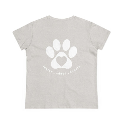 Helping Paw - Back Printed Women's Midweight Cotton Tee - Foster Adopt Donate Paw Print Tee