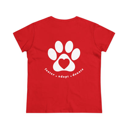 Helping Paw - Back Printed Women's Midweight Cotton Tee - Foster Adopt Donate Paw Print Tee